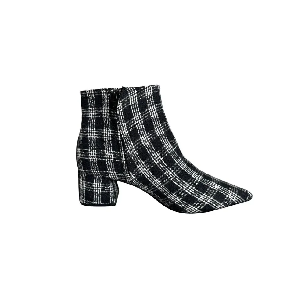 Alex Marie Black & White Plaid Low Block Heel Fall Boots Almond Toe Size 7.5